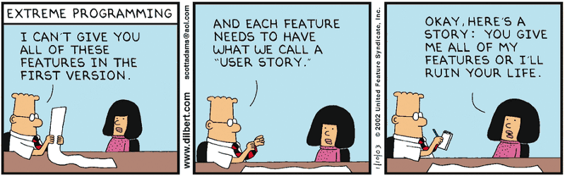 Dilbert cartoon strip showing creating a user story ‘you give me all the features I want or I’ll ruin your life’